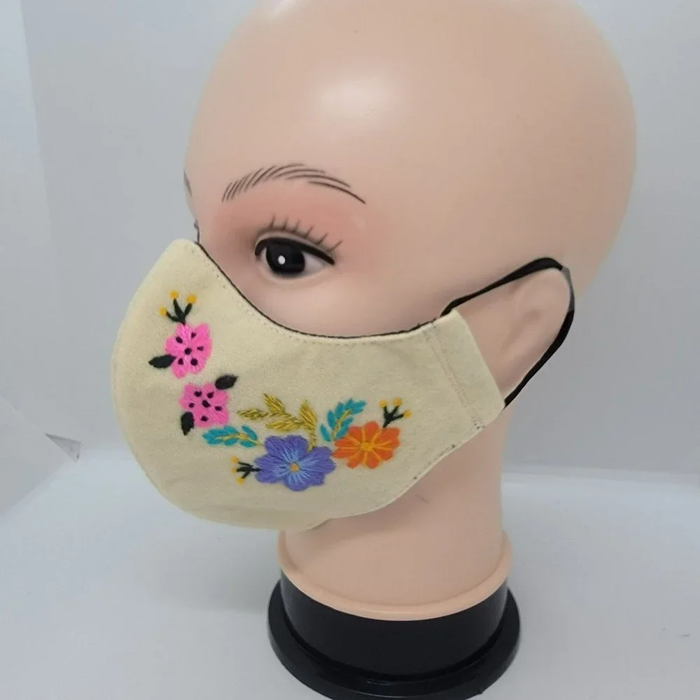 New Face cover ear loop Cream Mask Women's Embroidered handmade forest flowers